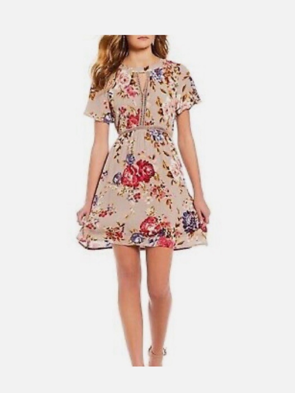 Blu Pepper Beige Spring Floral Cut-Out Mini Dress